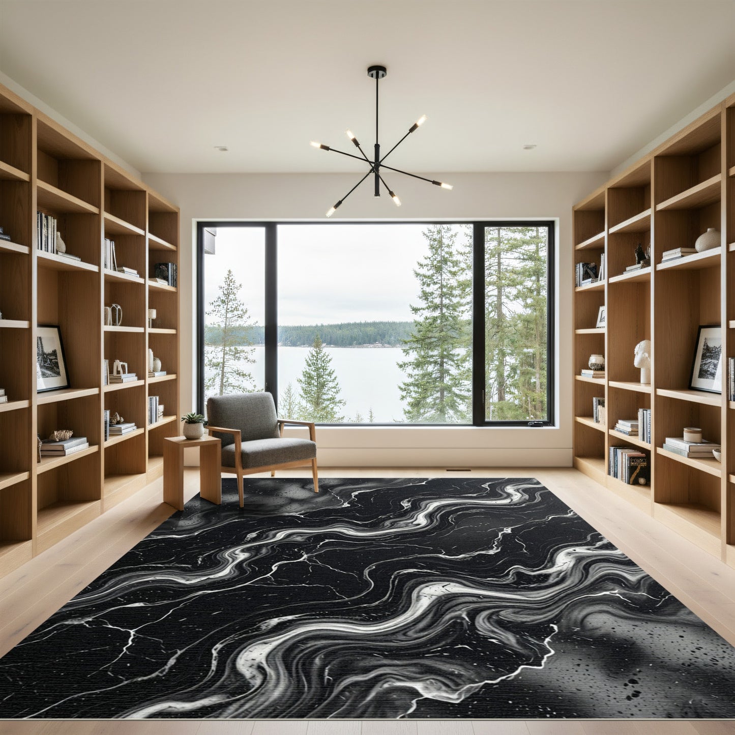 Black White Marbled Swirl Flow Rug
