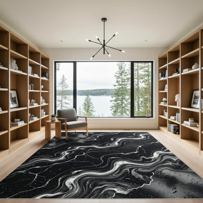 Black White Marbled Swirl Flow Rug