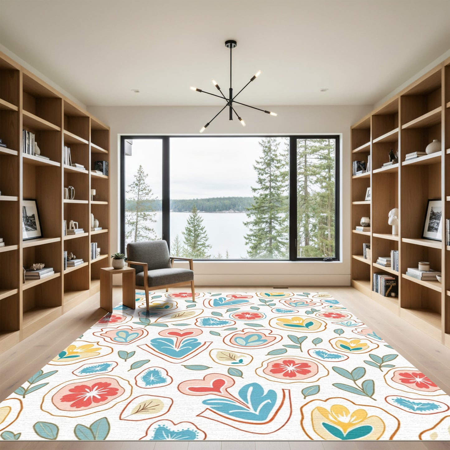 Coral Blue Abstract Floral Meadow Rug