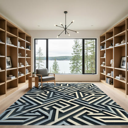 Geometric Ivory and Slate Labyrinth Abstract Rug