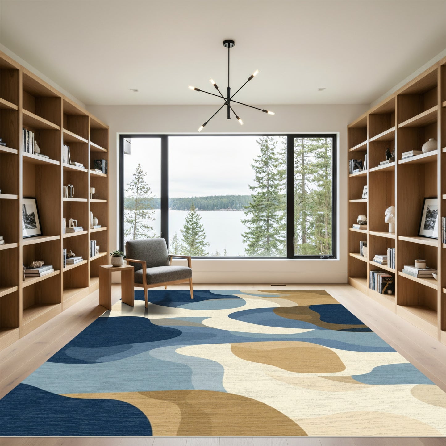 Earthy Blue Tan Abstract Waves Rug