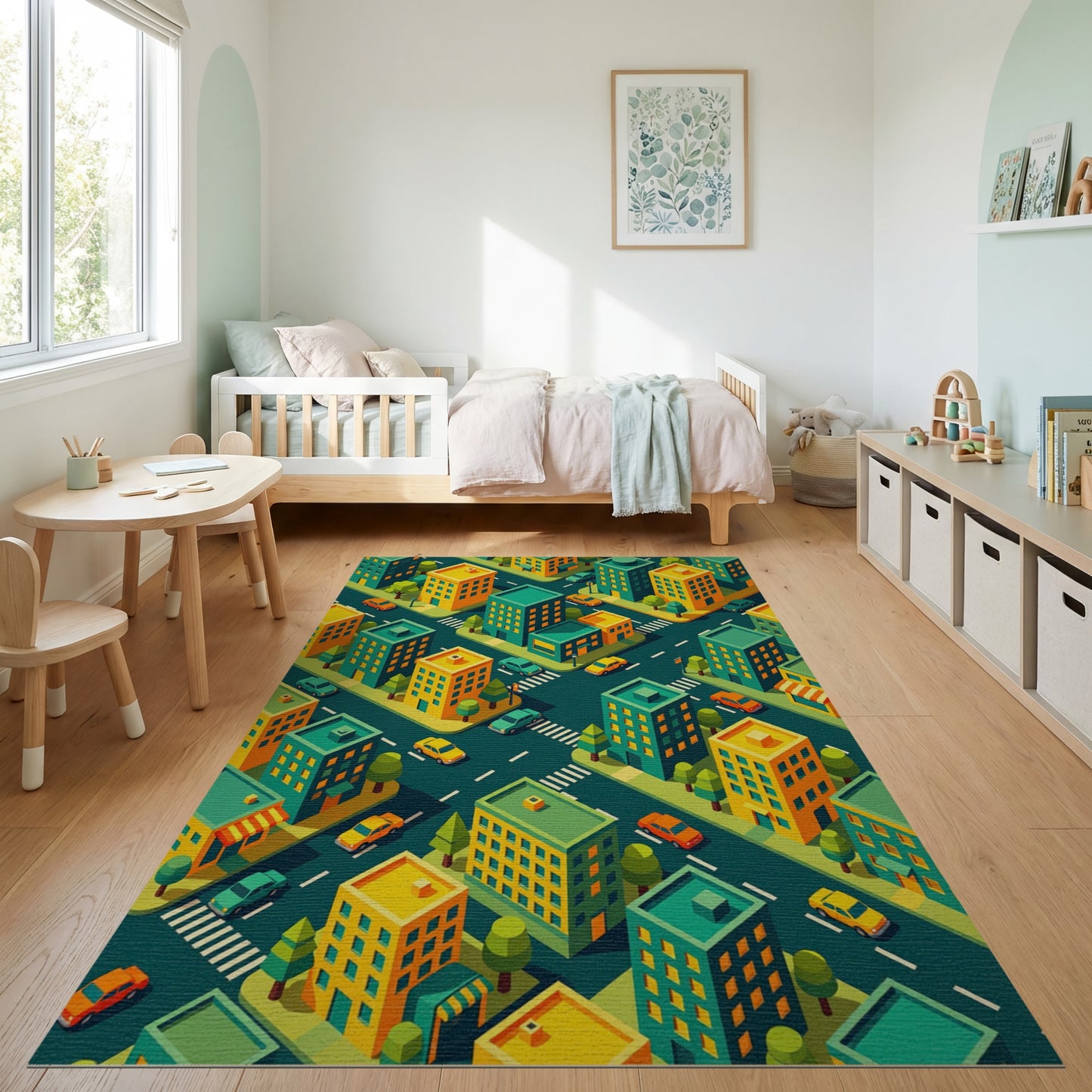 Vibrant Isometric Teal Yellow Cityscape Rug