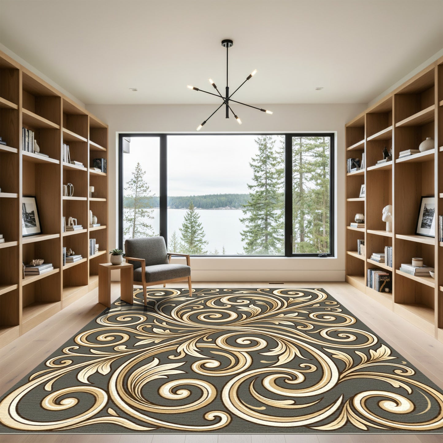 Elegant Gold Cream Scroll Filigree Rug