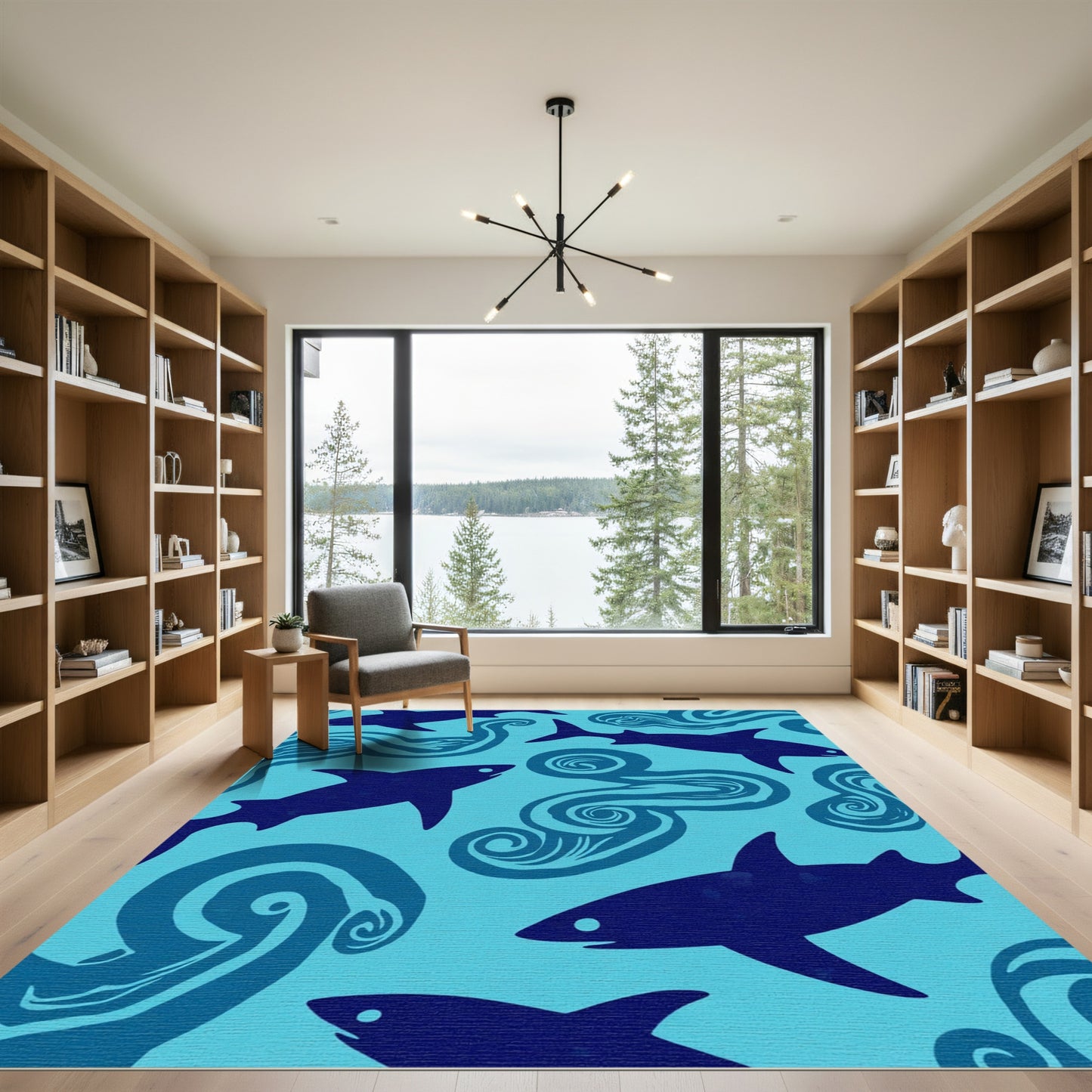 Deep Blue Shark Swirl Ocean Rug