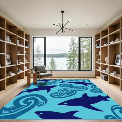Deep Blue Shark Swirl Ocean Rug