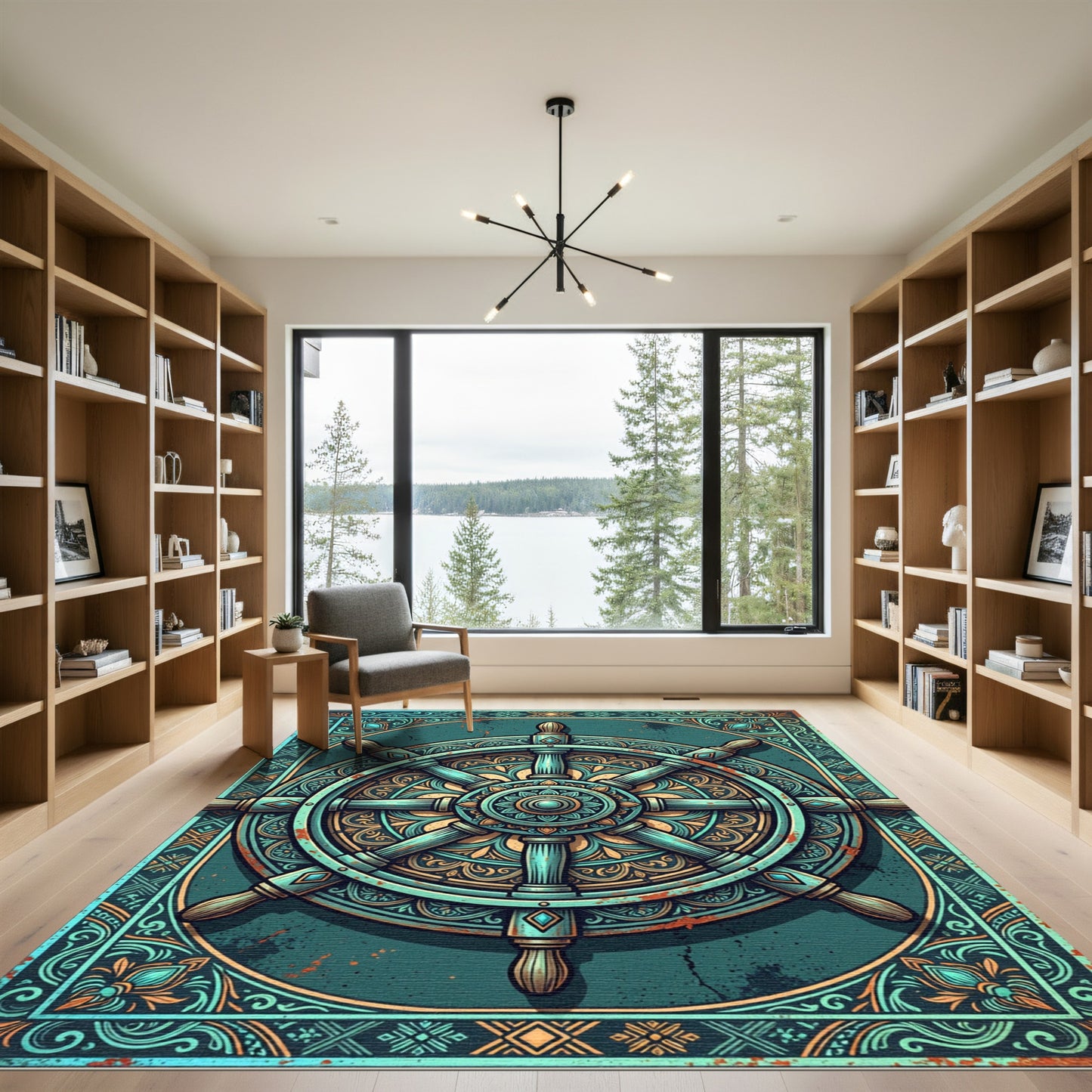 Ornate Teal Nautical Helm Medallion Rug