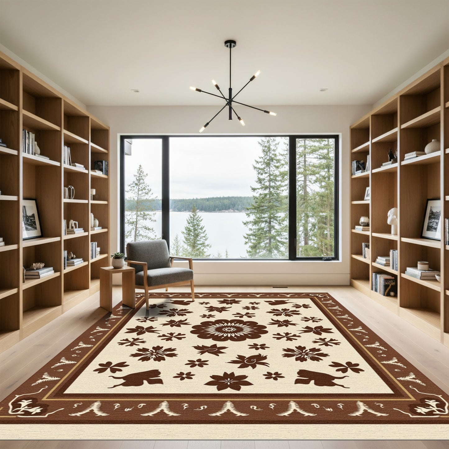 Brown Cream Floral Medallion Garden Rug