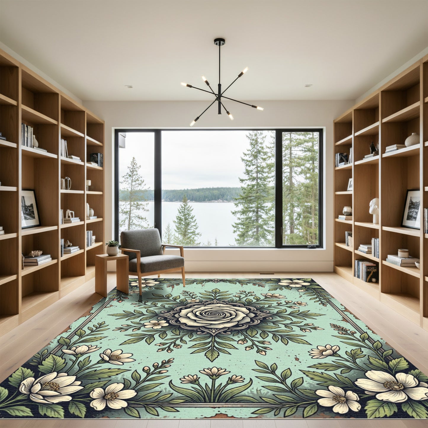 Sage Floral Rose Medallion Botanical Illustration Rug