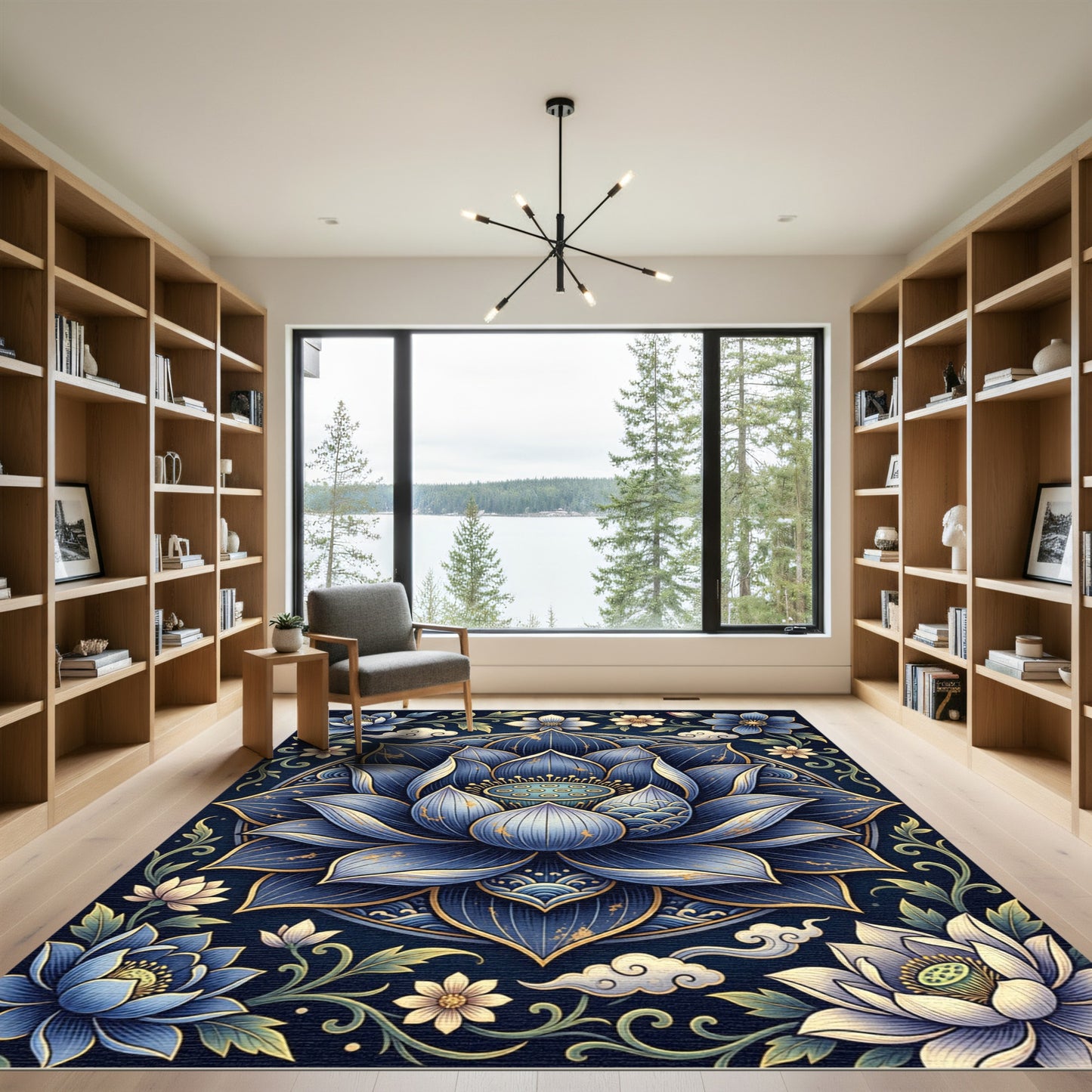Elegant Blue Lotus Mandala Floral Rug