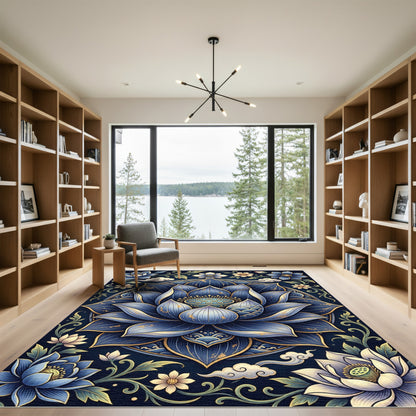 Elegant Blue Lotus Mandala Floral Rug