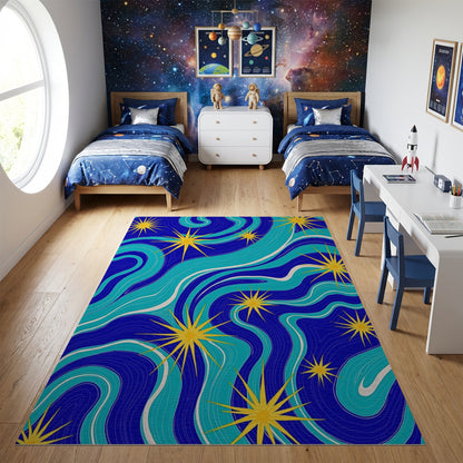 Navy Teal Wavy Yellow Stars Rug