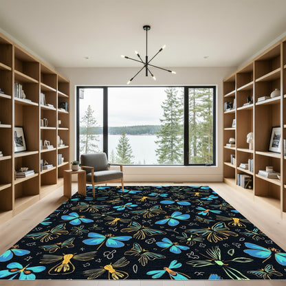 Whimsical Blue Yellow Insect Garden Rug