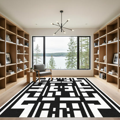 Bold Interlocking Black White Squares Rug