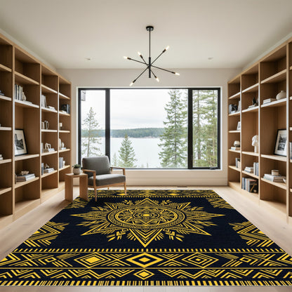 Golden Geometric Celestial Sun Medallion Rug