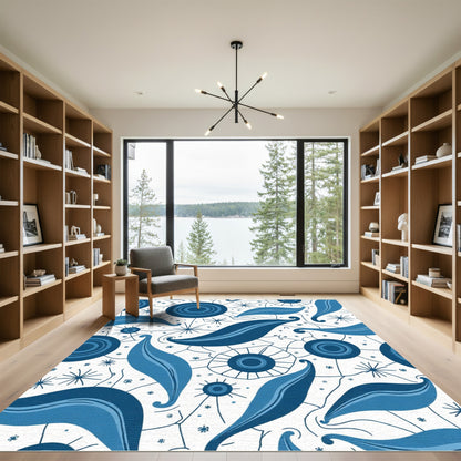 Deep Blue Abstract Leaf Medallion Rug