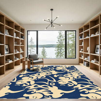 Navy Cream Abstract Floral Swirl Rug