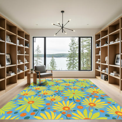 Blue Yellow Orange Daisy Garden Rug