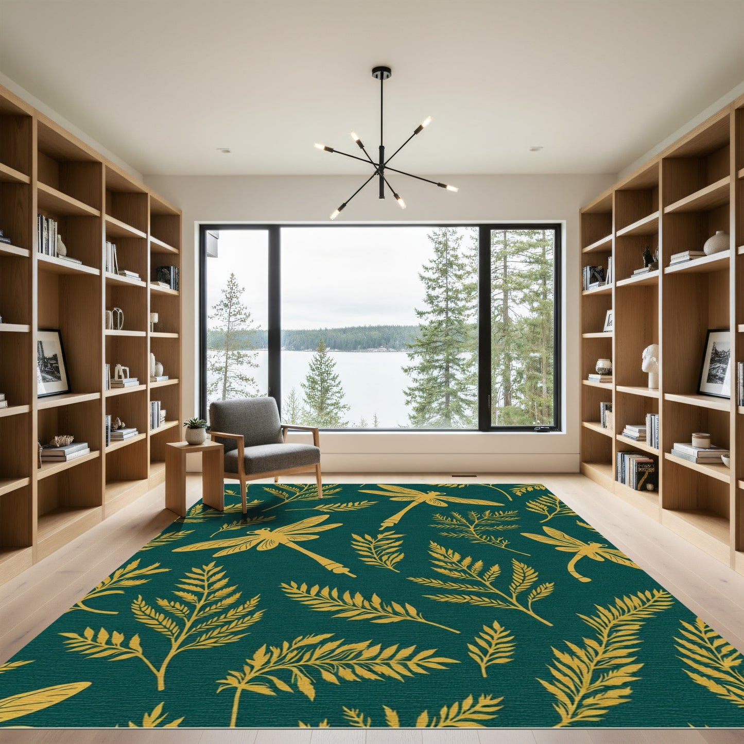 Golden Dragonflies Ferns Teal Rug
