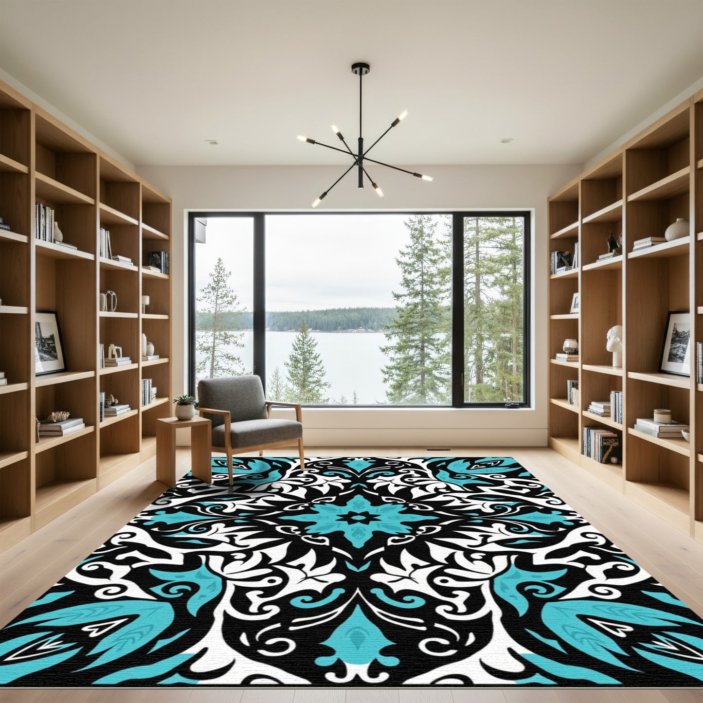 Teal White Black Damask Flourish Rug