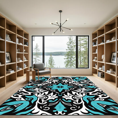Teal White Black Damask Flourish Rug