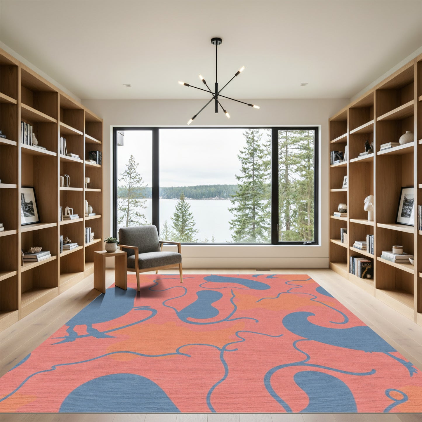 Coral Blue Abstract Organic Shapes Rug
