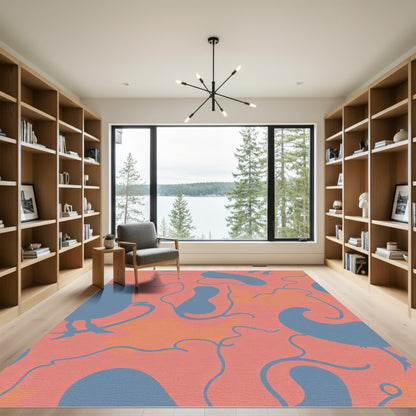 Coral Blue Abstract Organic Shapes Rug