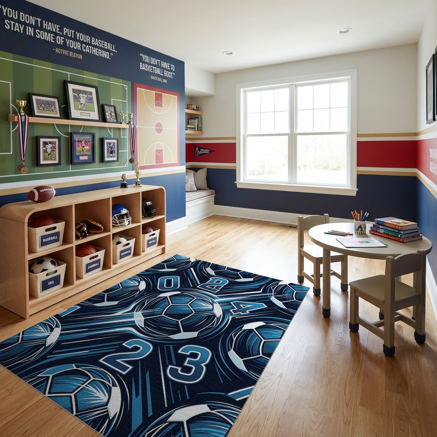 Bold Navy Soccer Balls Numbers Rug