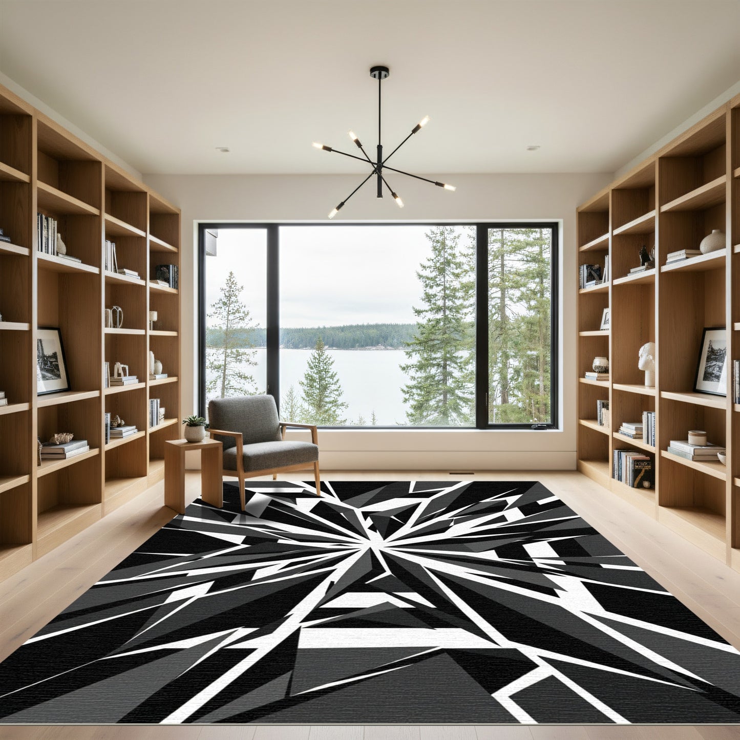 Monochrome Abstract Geometric Starburst Rug