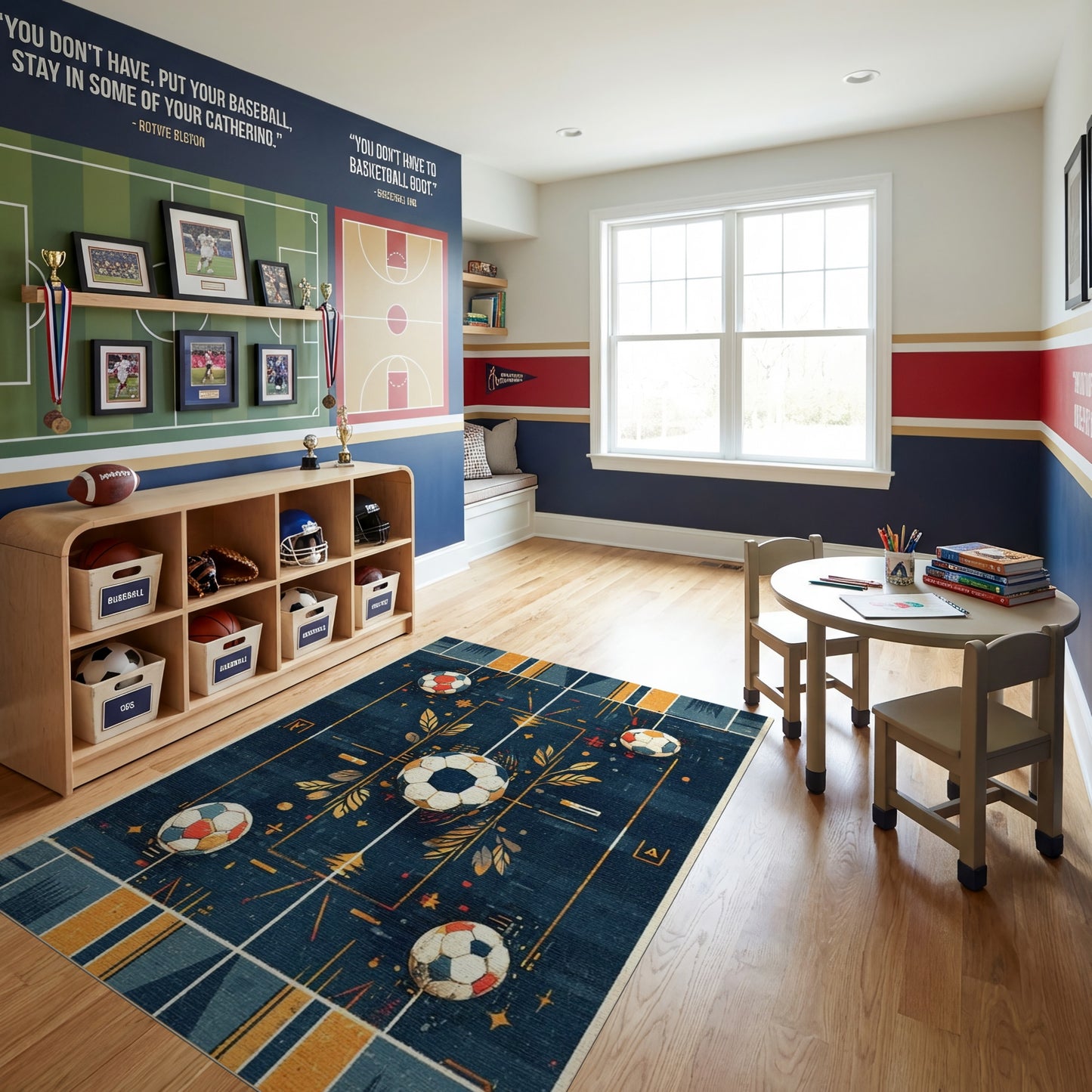 Navy Geometric Soccer Balls Grid Rug