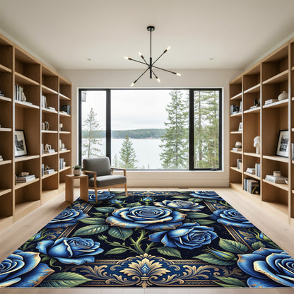 Royal Blue Rose Flourish Border Rug