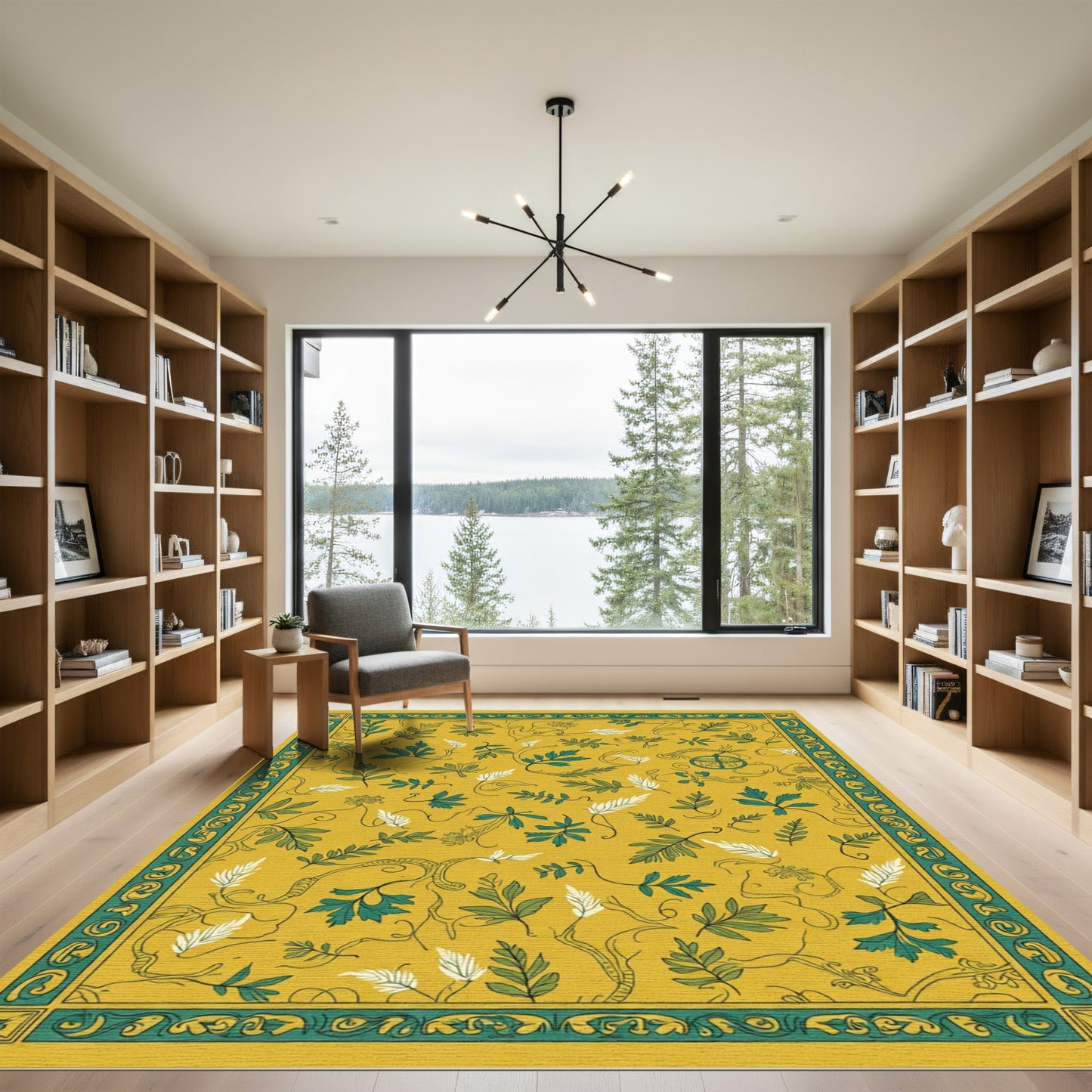 Golden Green Leafy Vine Border Rug