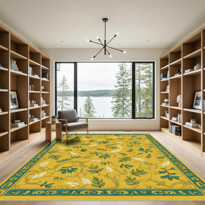 Golden Green Leafy Vine Border Rug