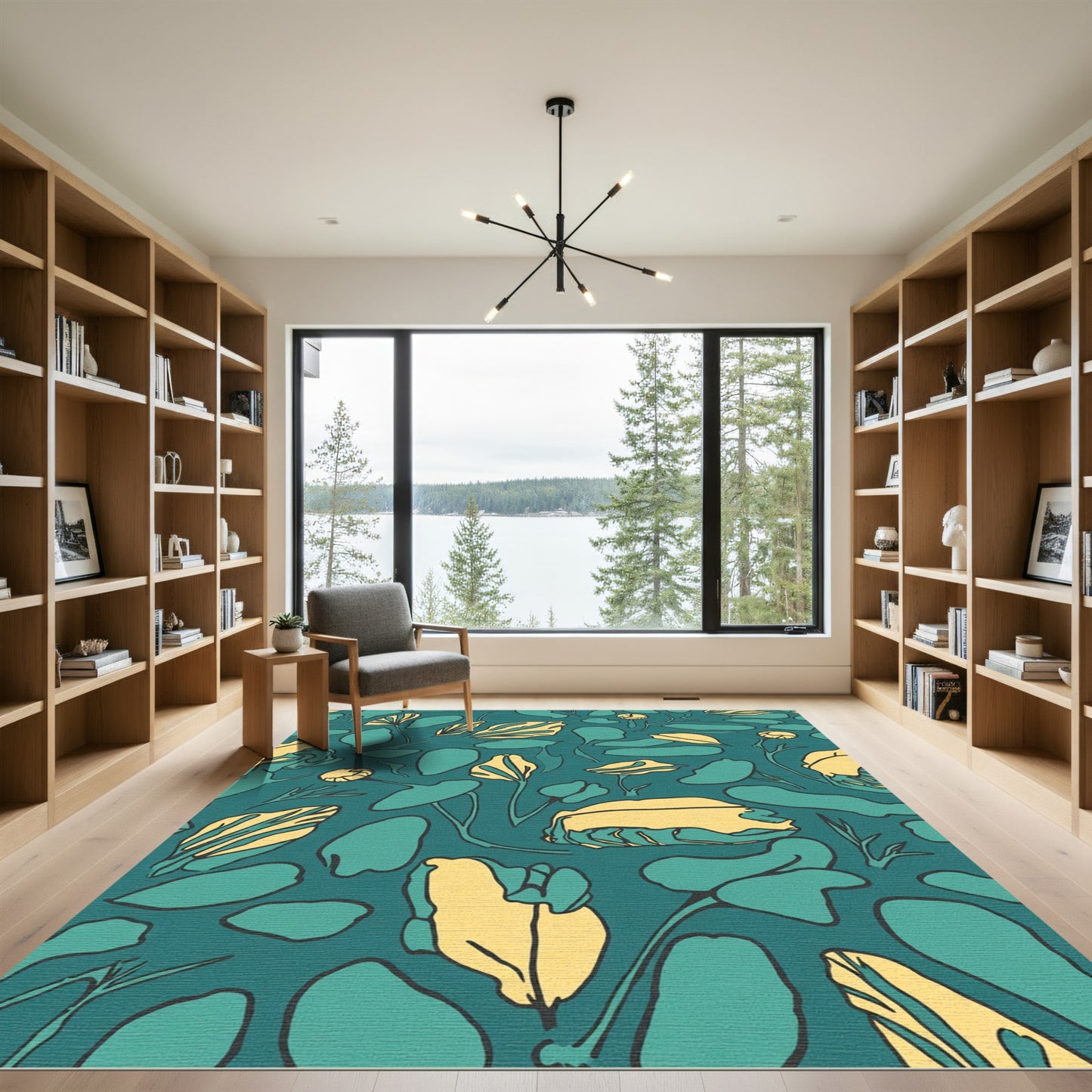 Teal Yellow Abstract Floral Leaves Rug