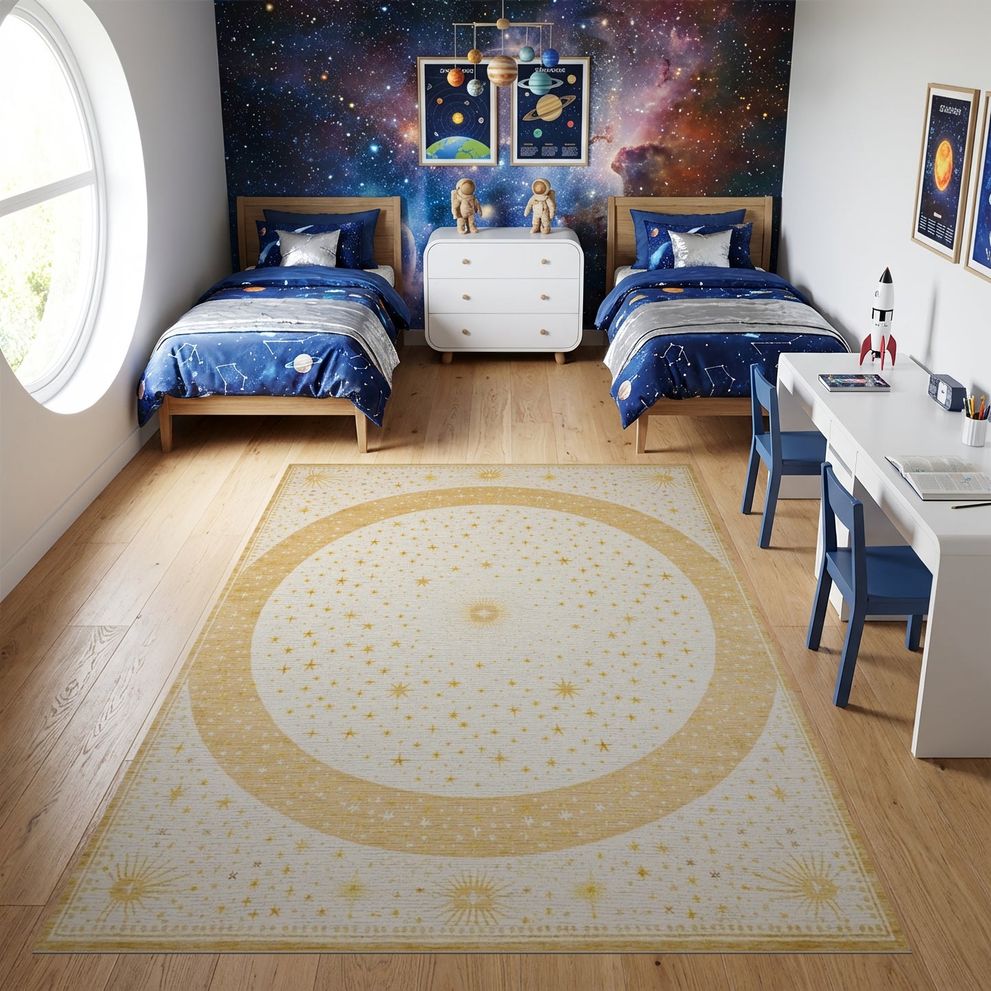 Golden Sunburst Stars Circle Rug