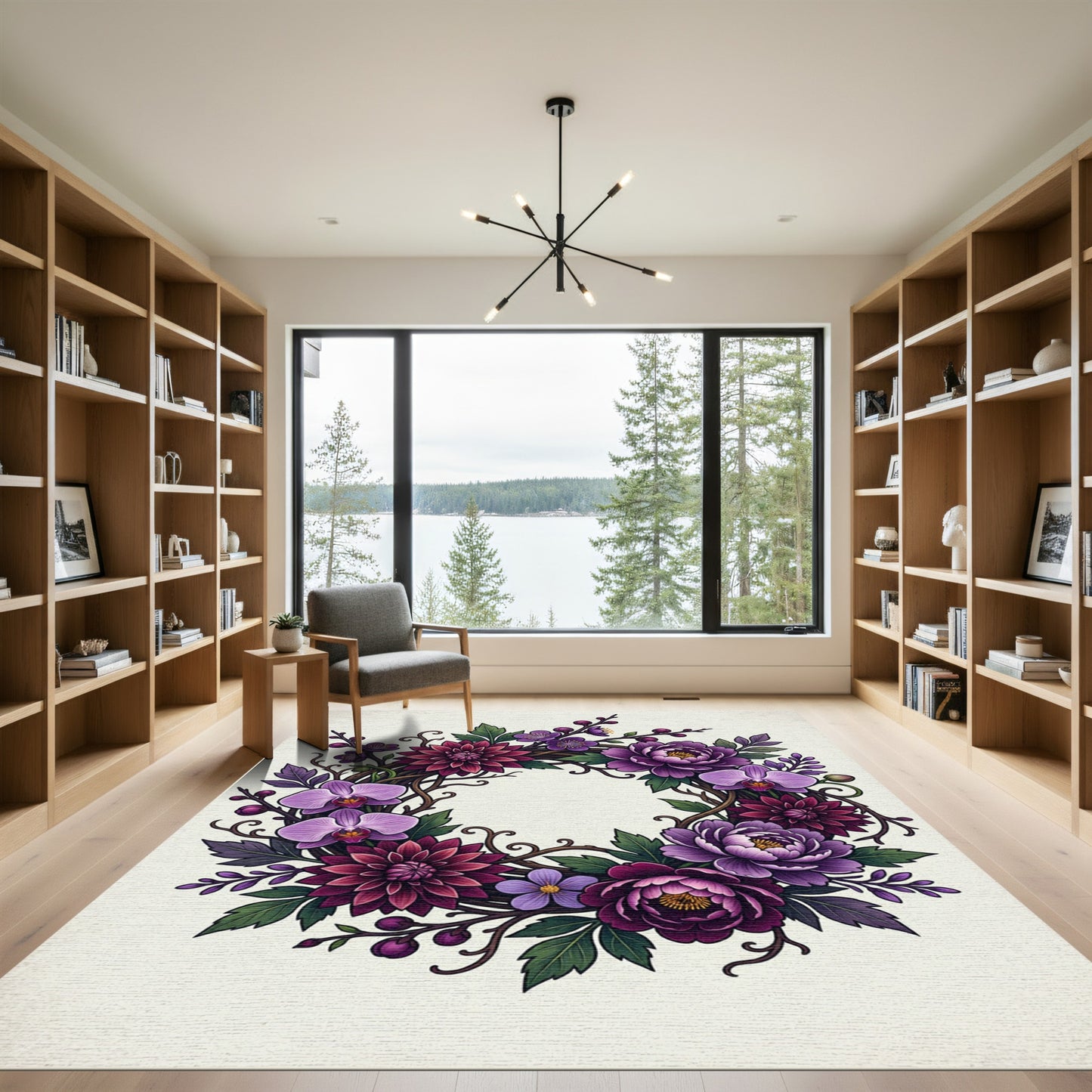 Elegant Purple Orchid Chrysanthemum Wreath Rug