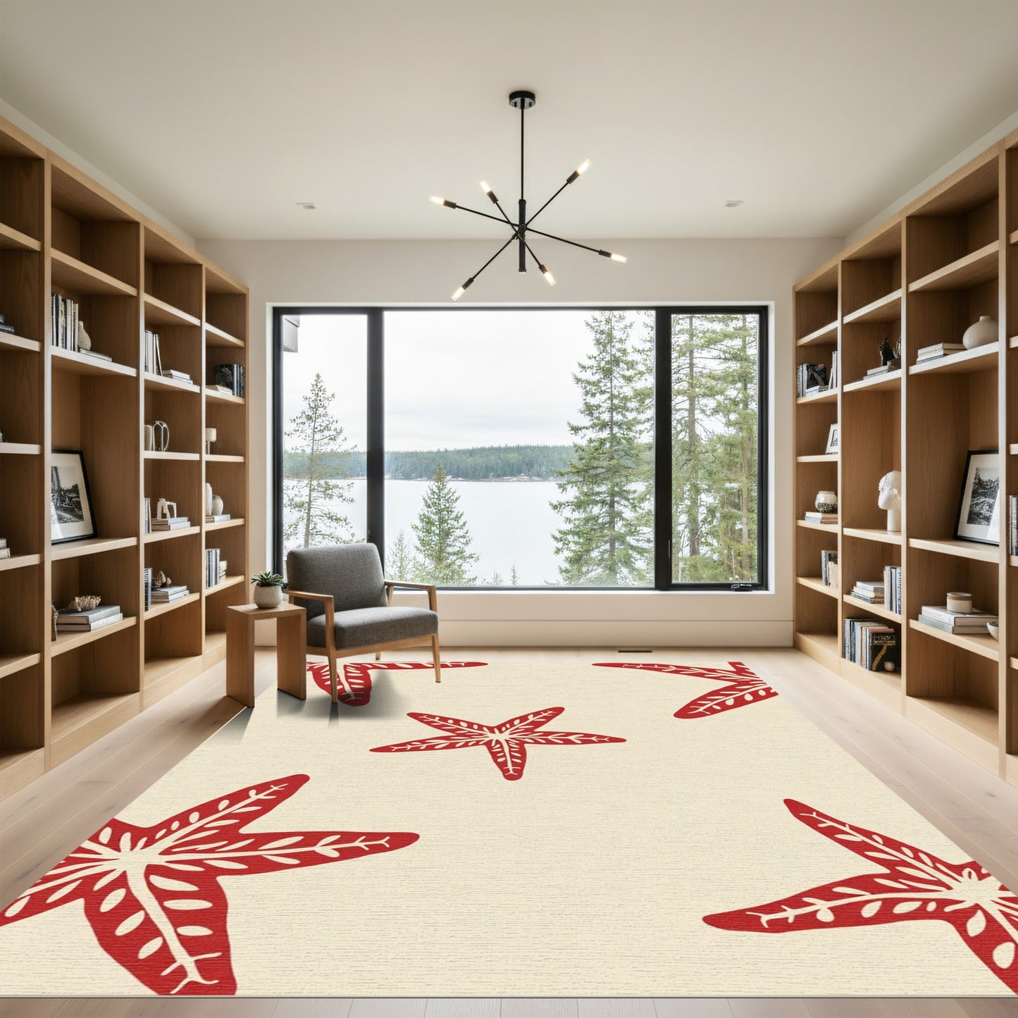 Red Starfish Scattered Cream Background Rug