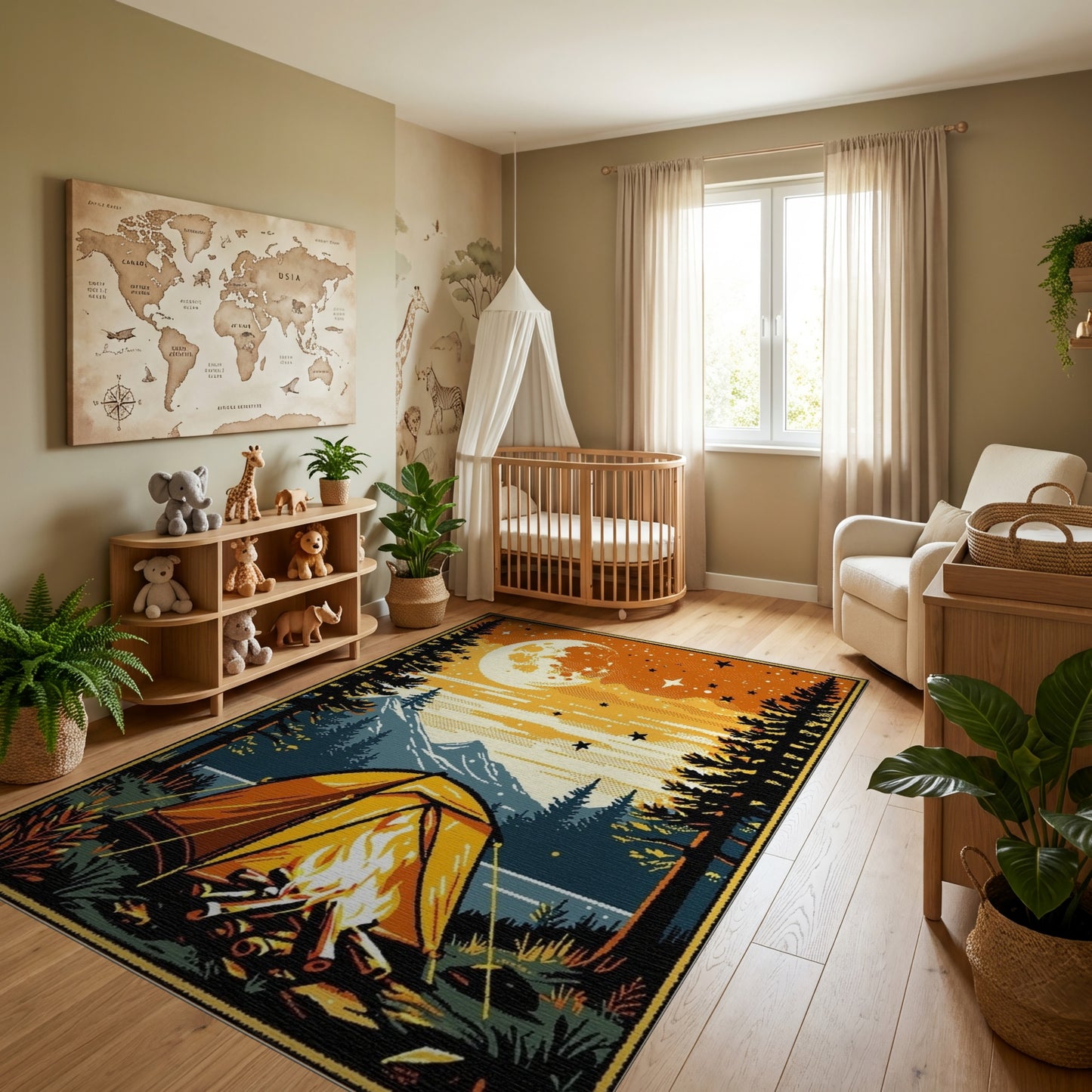 Retro Moonlit Campfire Tent Forest Rug