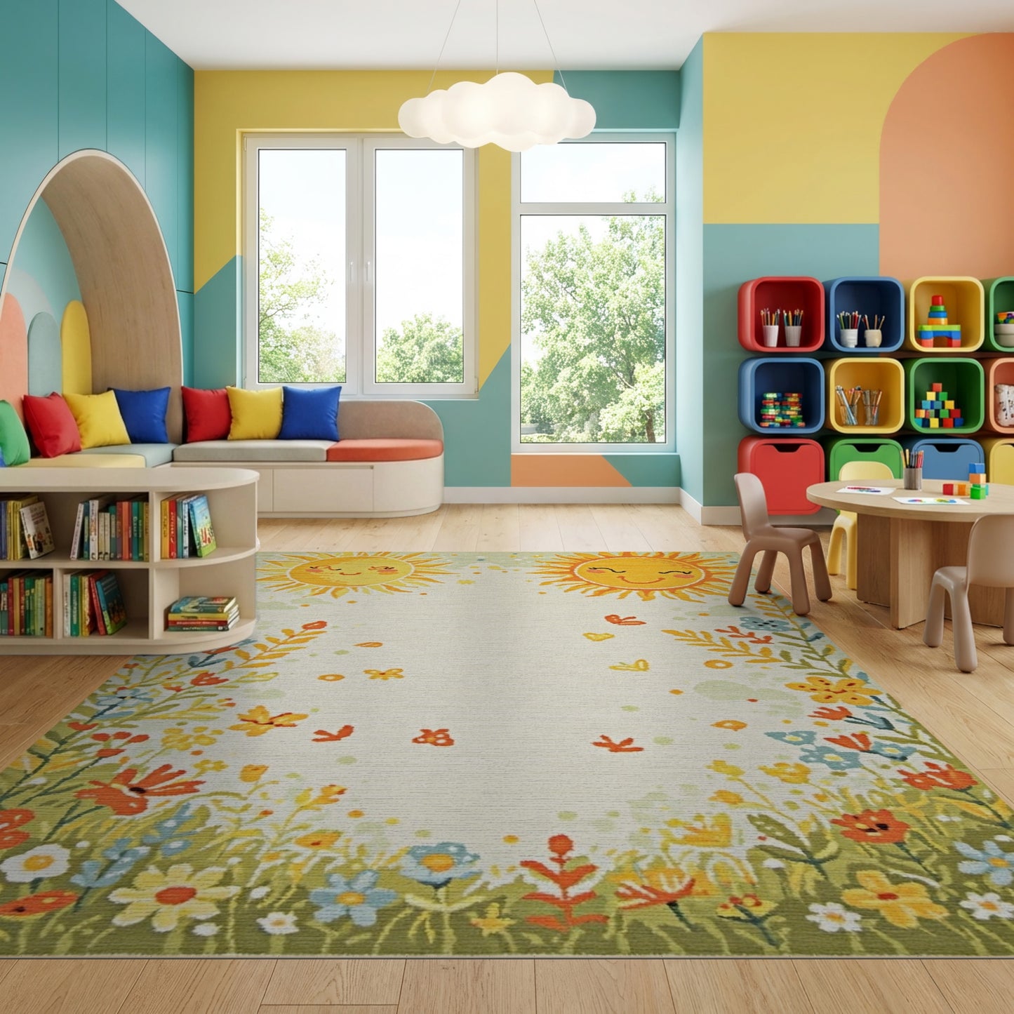 Whimsical Smiling Suns Floral Butterflies Rug