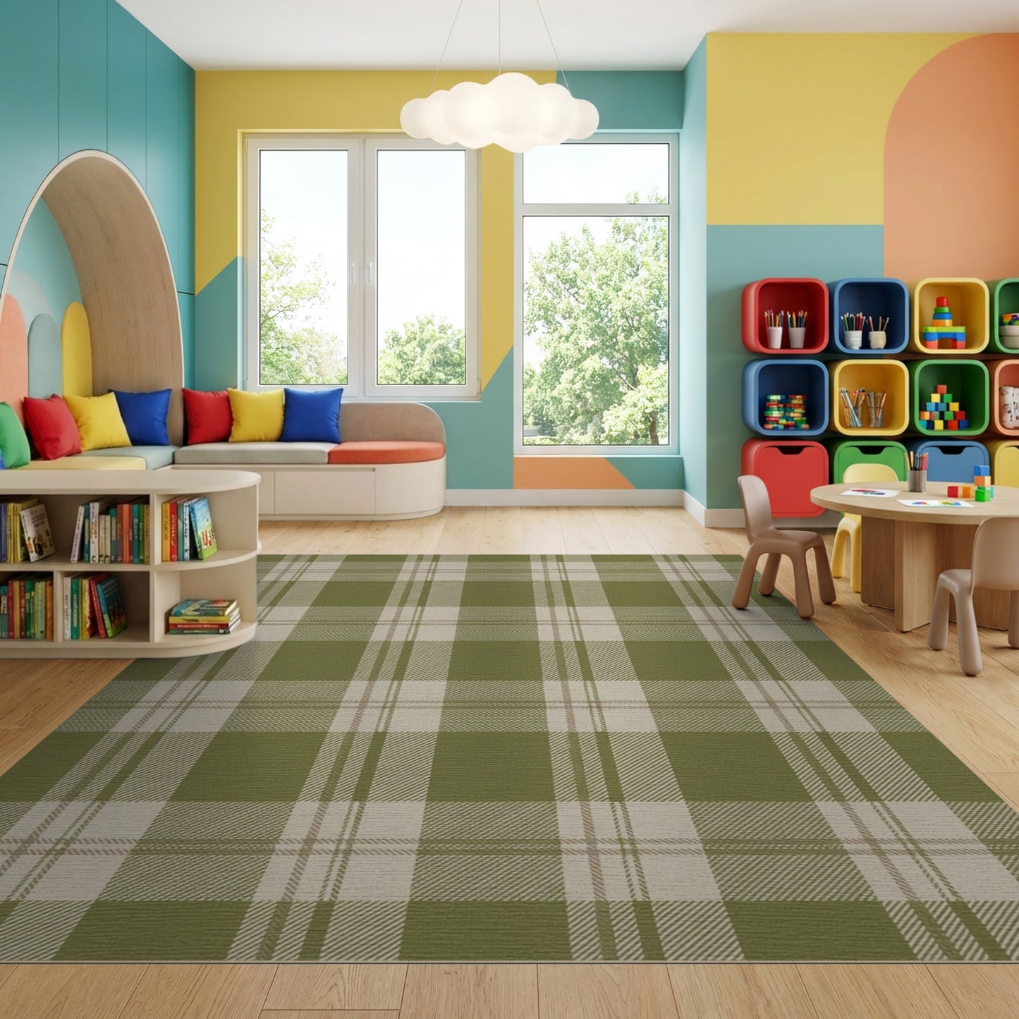 Rustic Olive Tan Plaid Rug