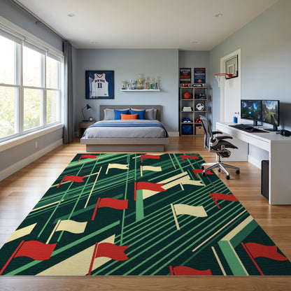 Geometric Red White Flags Diagonal Green Rug