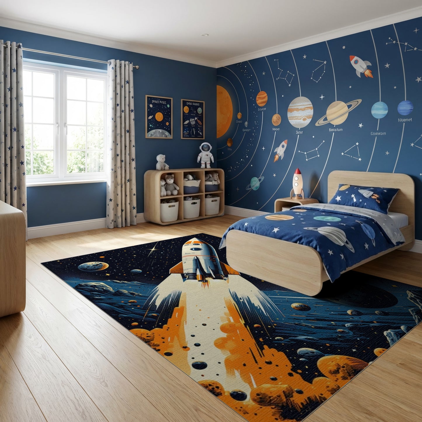 Retro Rocket Launch Cosmic Stars Rug