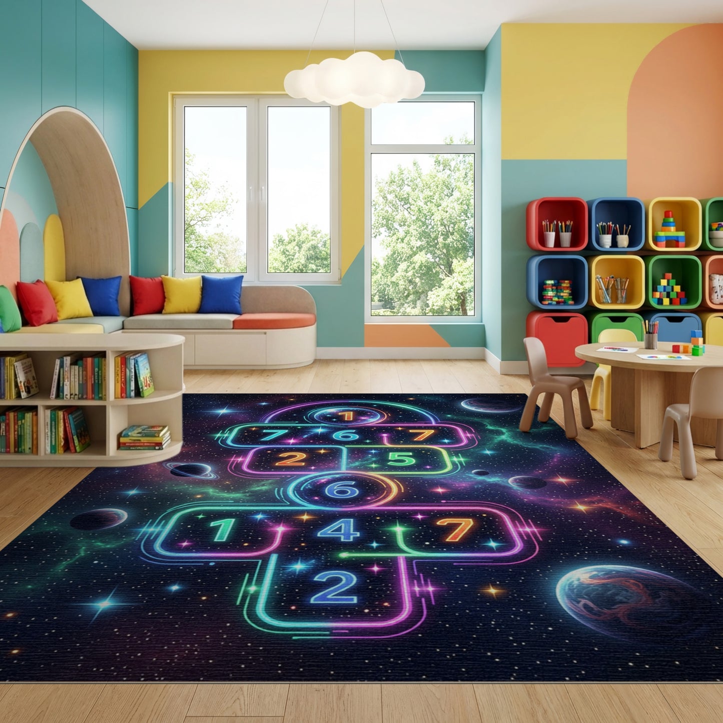 Neon Cosmic Hopscotch Galaxy Rug