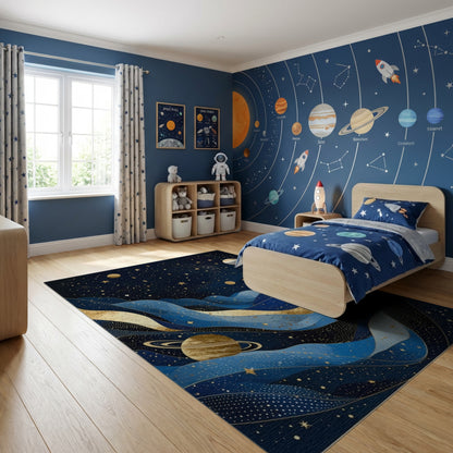 Starry Navy Waves Gold Planets Rug