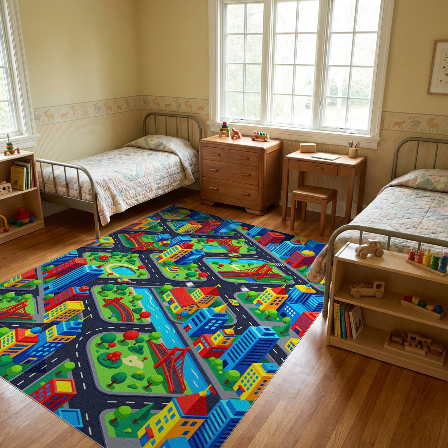 Colorful Isometric City Bridges Parks Rug