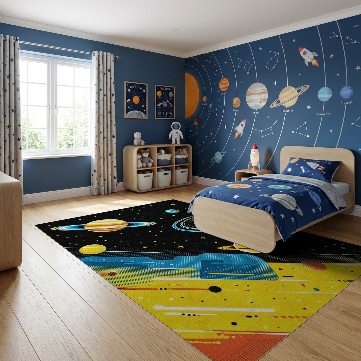 Vibrant Yellow Ringed Planets Stars Rug