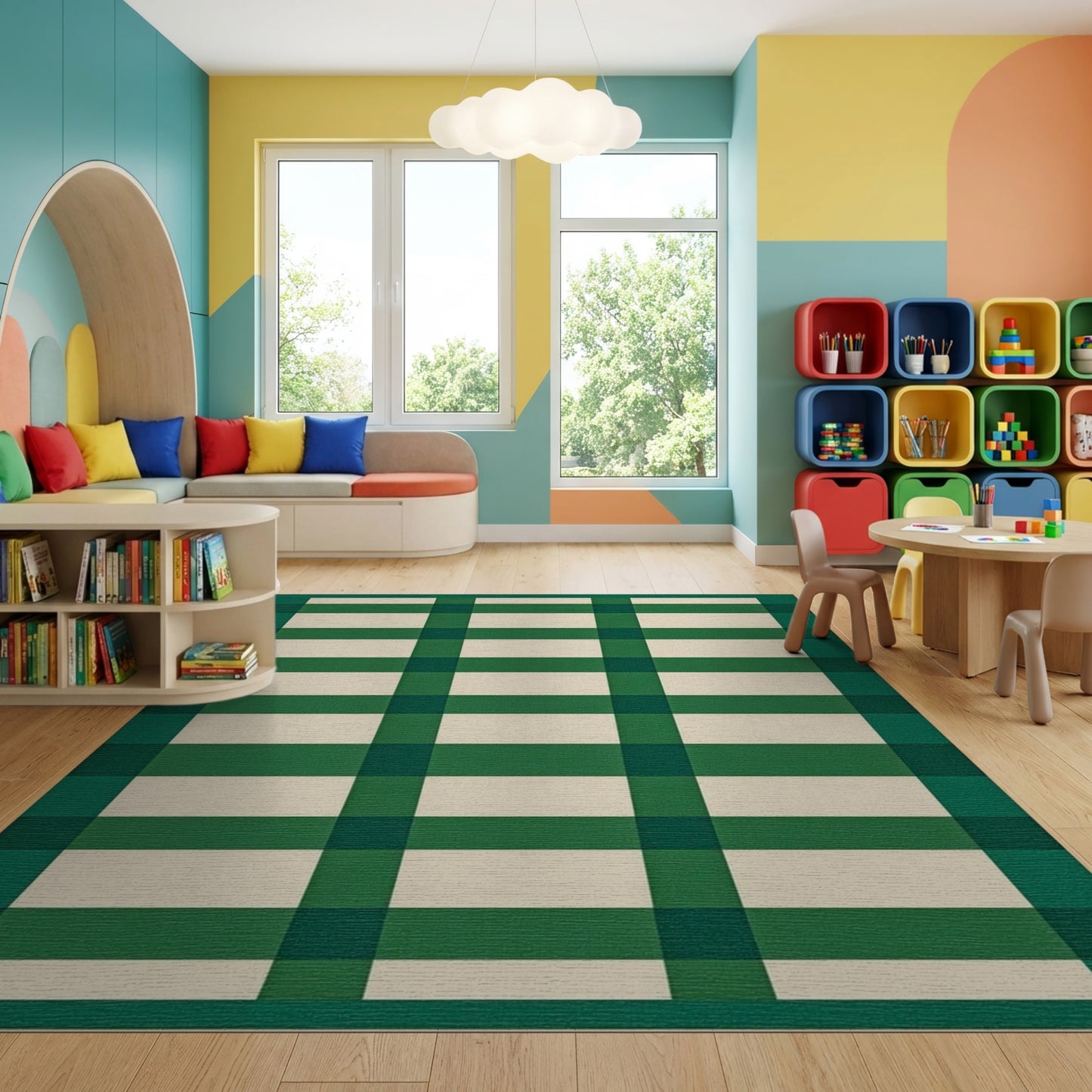 Bold Green White Plaid Check Rug