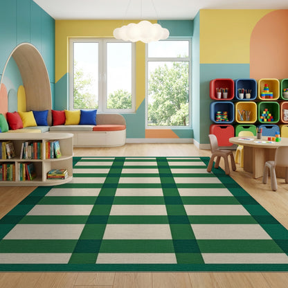 Bold Green White Plaid Check Rug