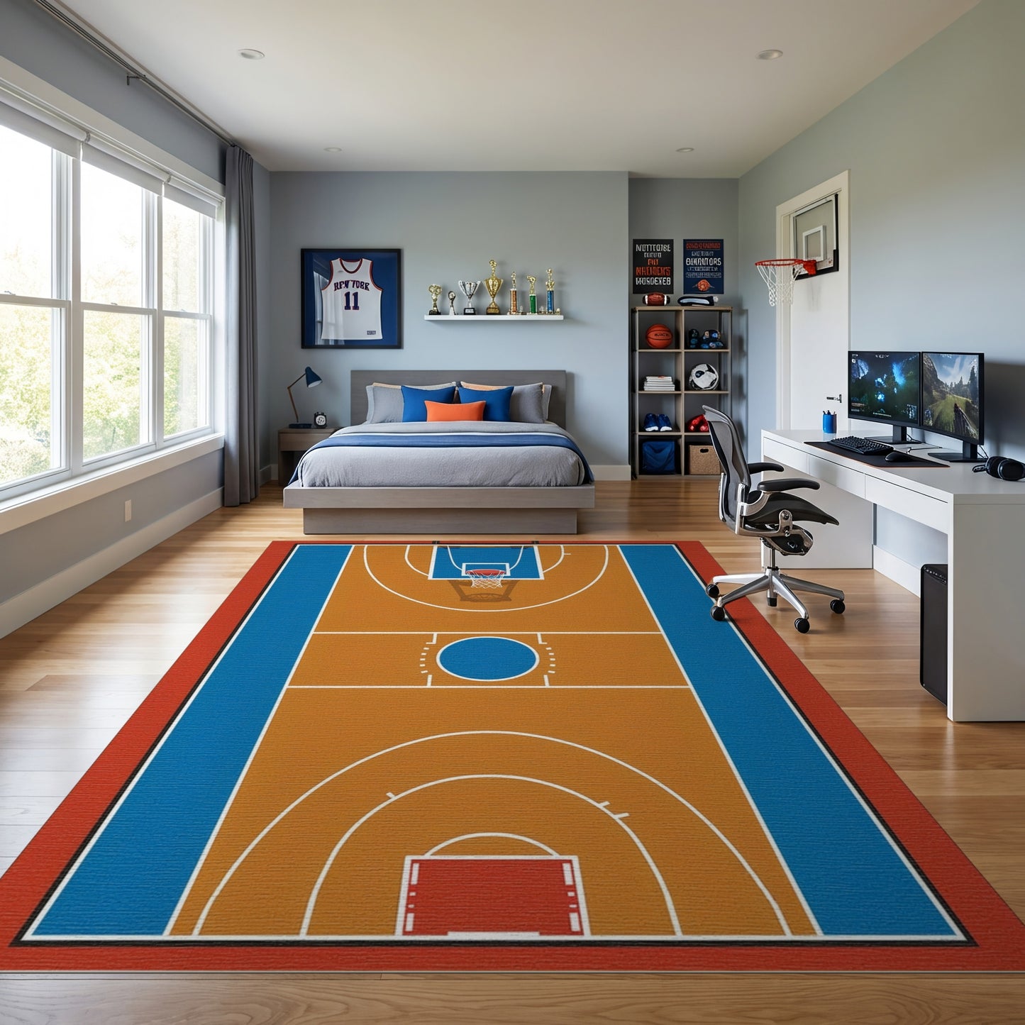 Bold Tan Blue Basketball Court Rug