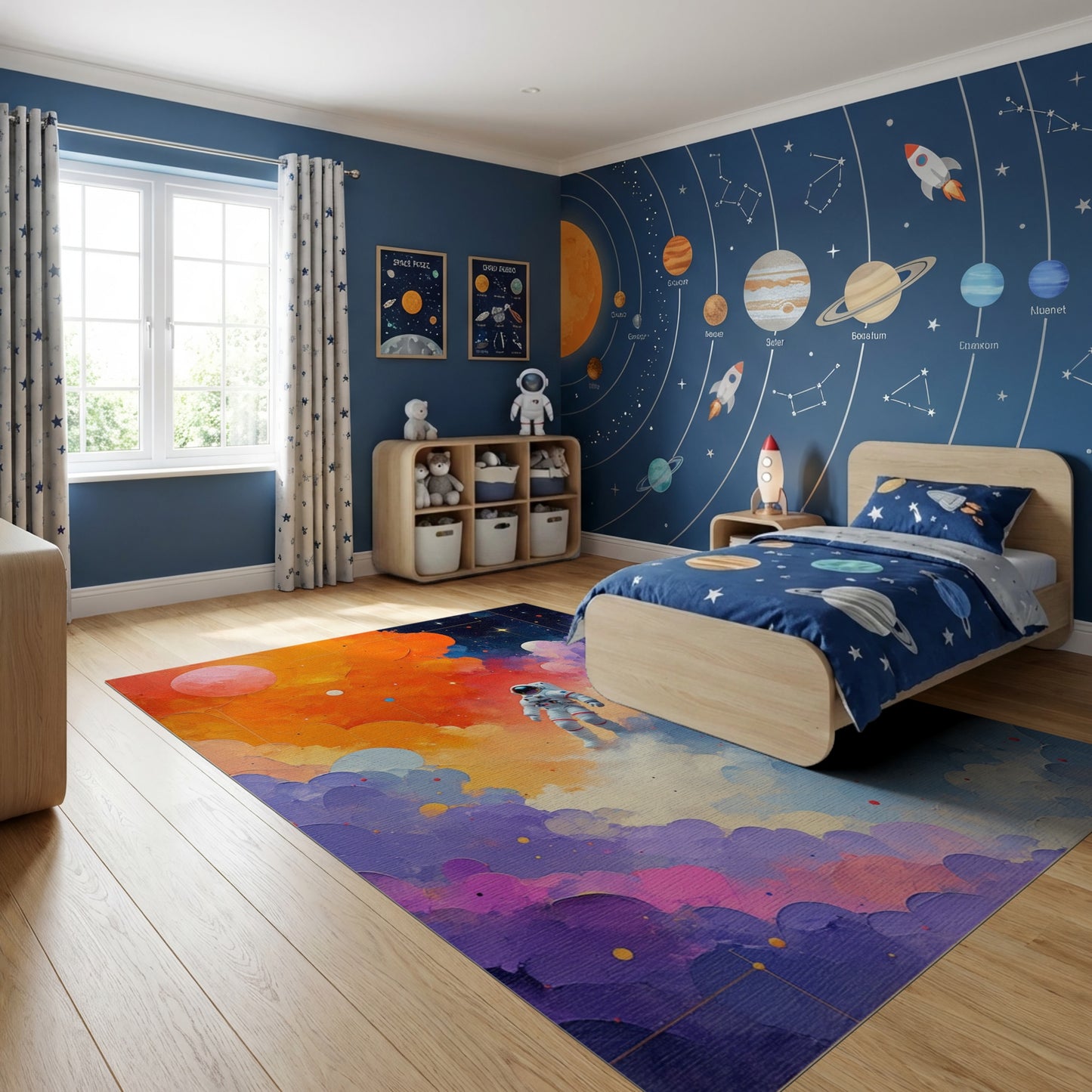 Vibrant Astronaut Cosmic Nebula Clouds Rug