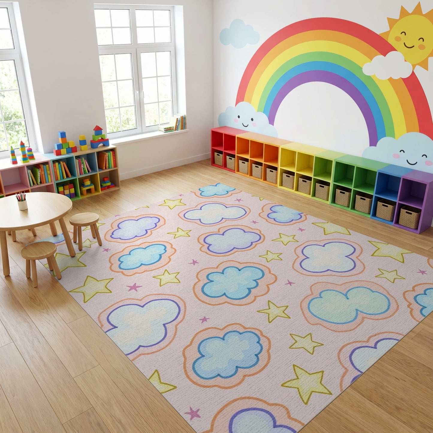 Playful Pink Clouds and Stars Rug